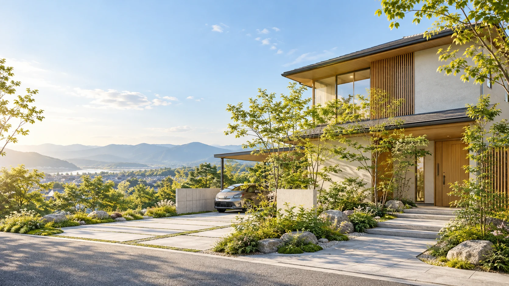 庭とアプローチがつながる住まい（AIイメージ）